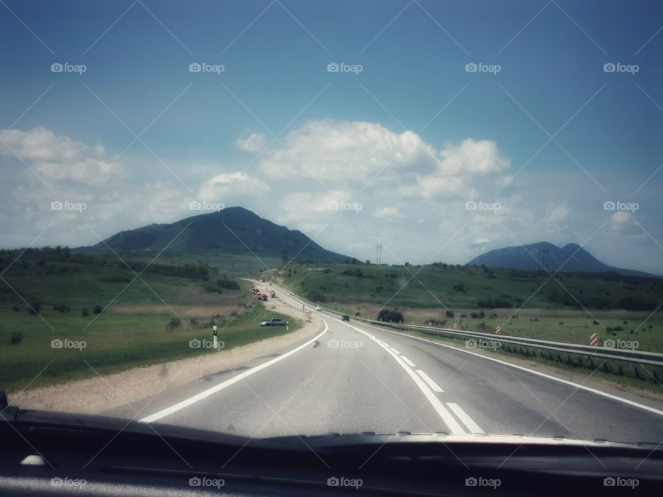 Travel trip way road view car mirror fog foggy milky mountains high freedom happy happiness view green plant grass field heaven moody sky skyline horizont blue street day outdoor outside joy