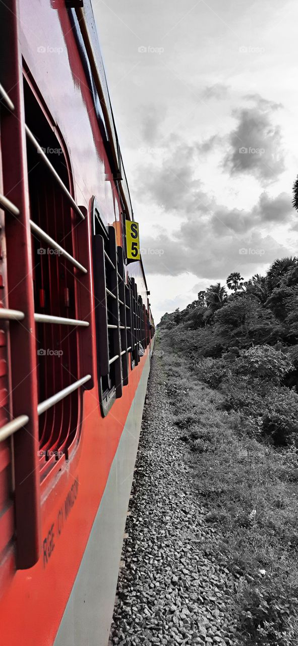 An window of a red train..