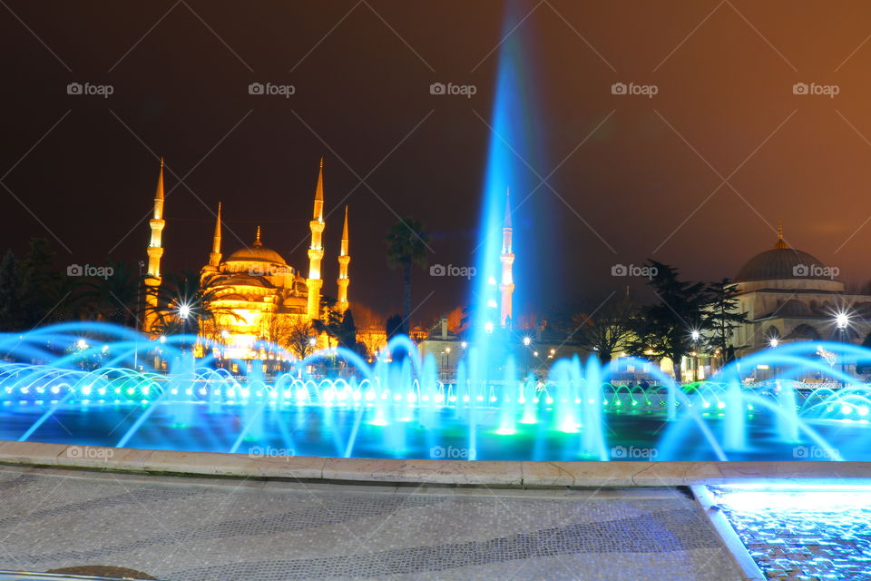 Illuminated, Evening, Fountain, City, Travel