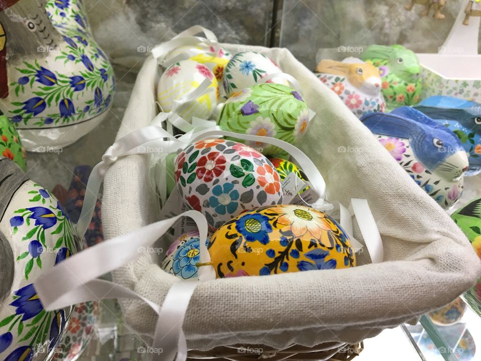 Hand painted Easter eggs in a basket .. 