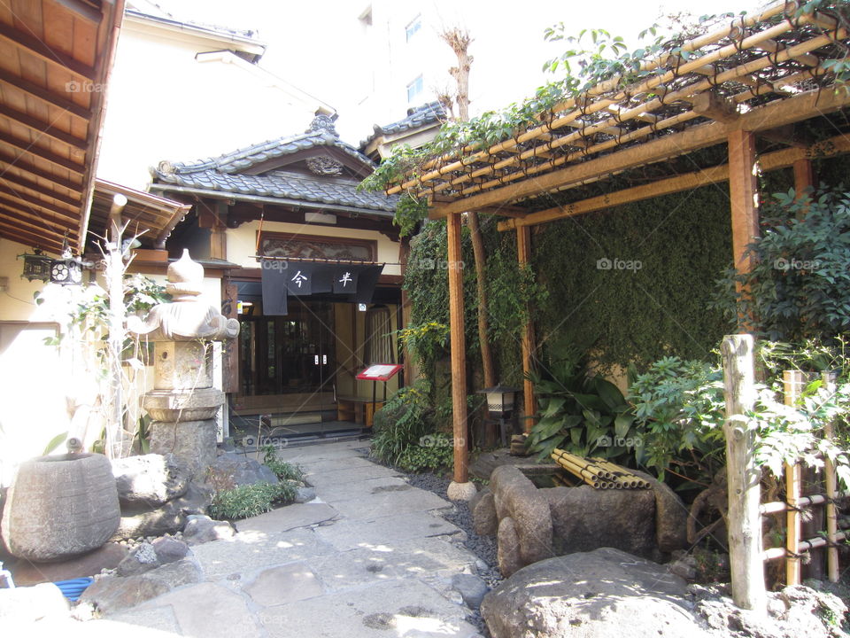 Asakusa Kannon, Sensoji Buddhist Temple and Gardens.  Bamboo Entry with Japanese Stone Lantern and Greenery.  Tokyo, Japan.