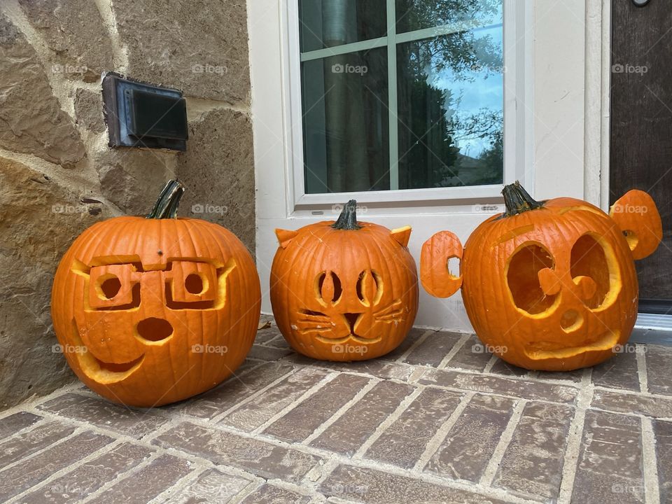 Carved pumpkin jack-o-lanterns halloween, cat pumpkin, glasses pumpkin, funny face jack-o-lantern