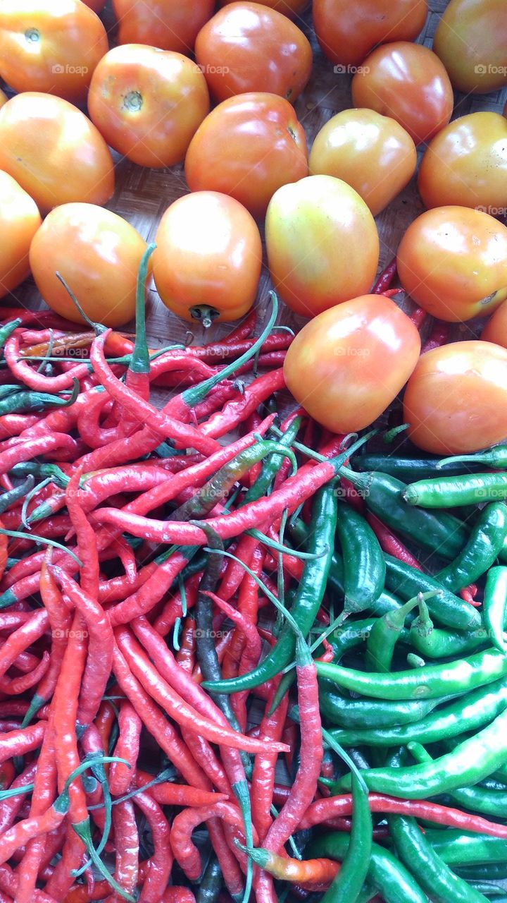 Tomato red chili and green chili in one container