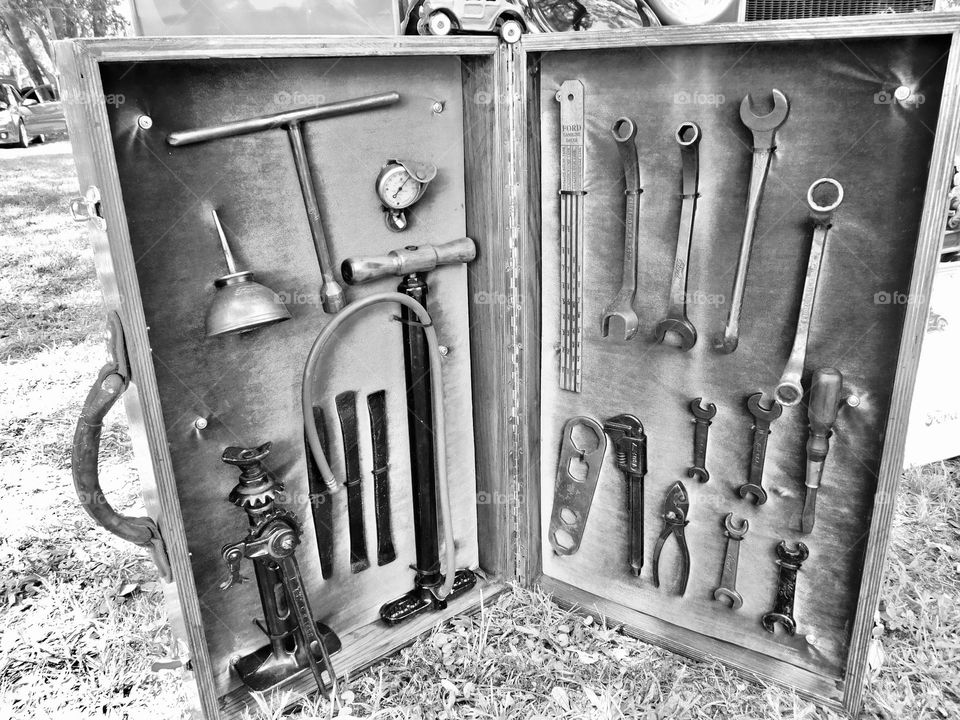 Vintage Vibes: Ford Model A emergency tools and accessories kit, used for roadside repairs of Model A cars produced between 1927 and 1931.
