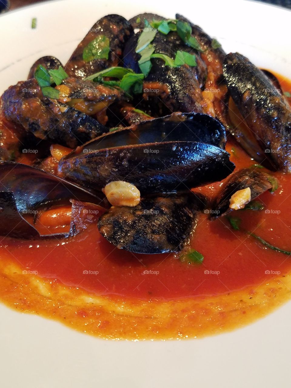 Italian Restaurant Mussels in red sauce seafood