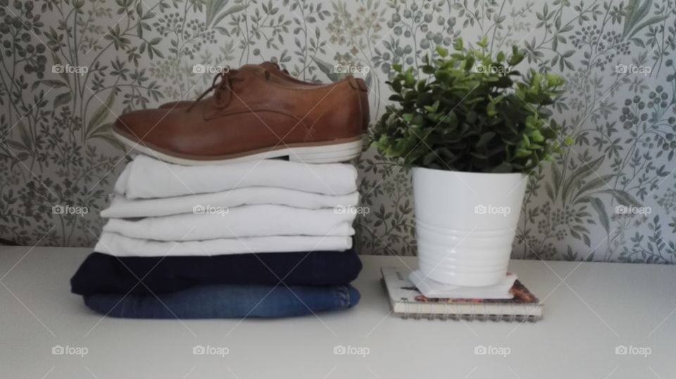 Packing simple way for a vacation. Simple white t-shirts blue jeans brown shoes. plant.