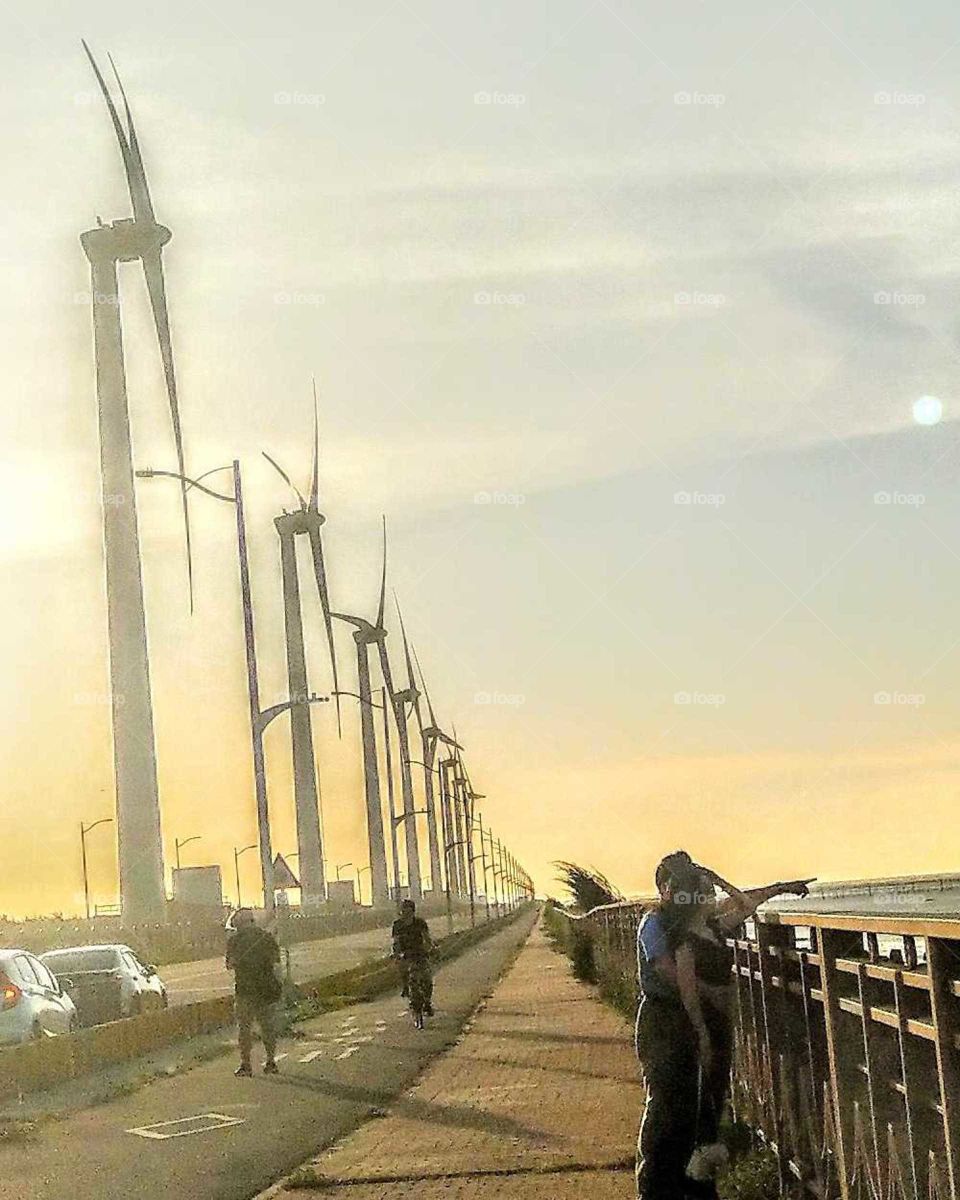 wind electric power windmills at seaside. a good place to take a trip or travel. clean energy by sea wind. seaside road.