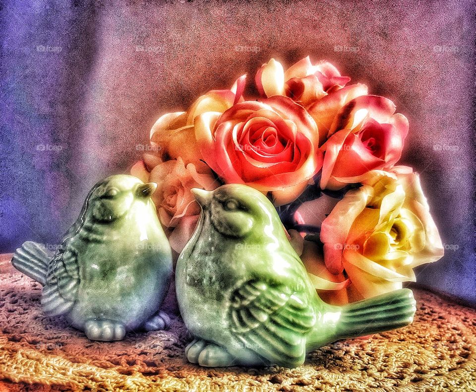Roses love bird figurines and lace shabby home decorations 