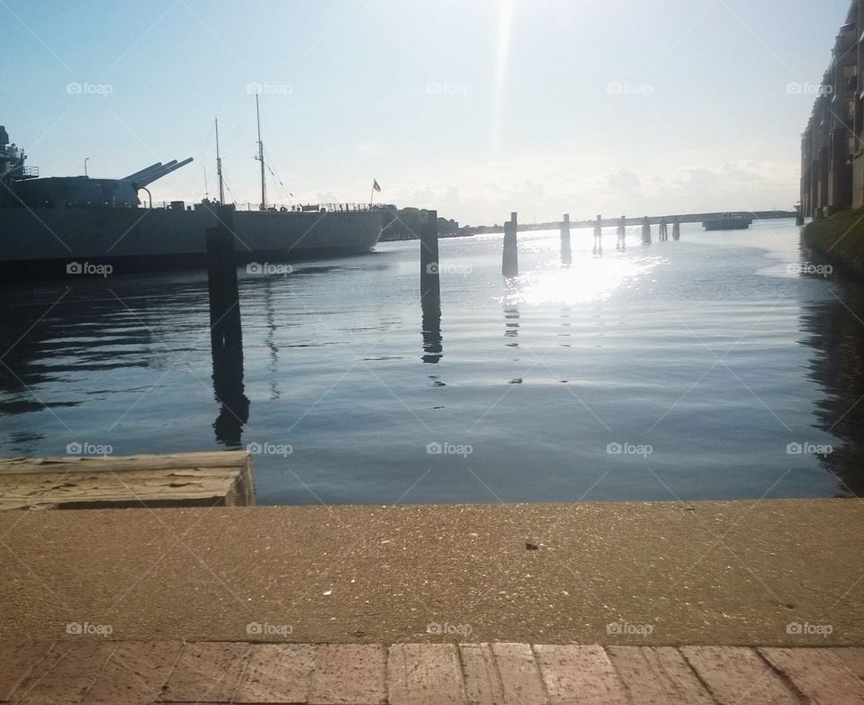 Norfolk Harbor. A picture of the USS Wisconsin and the water in Norfolk.