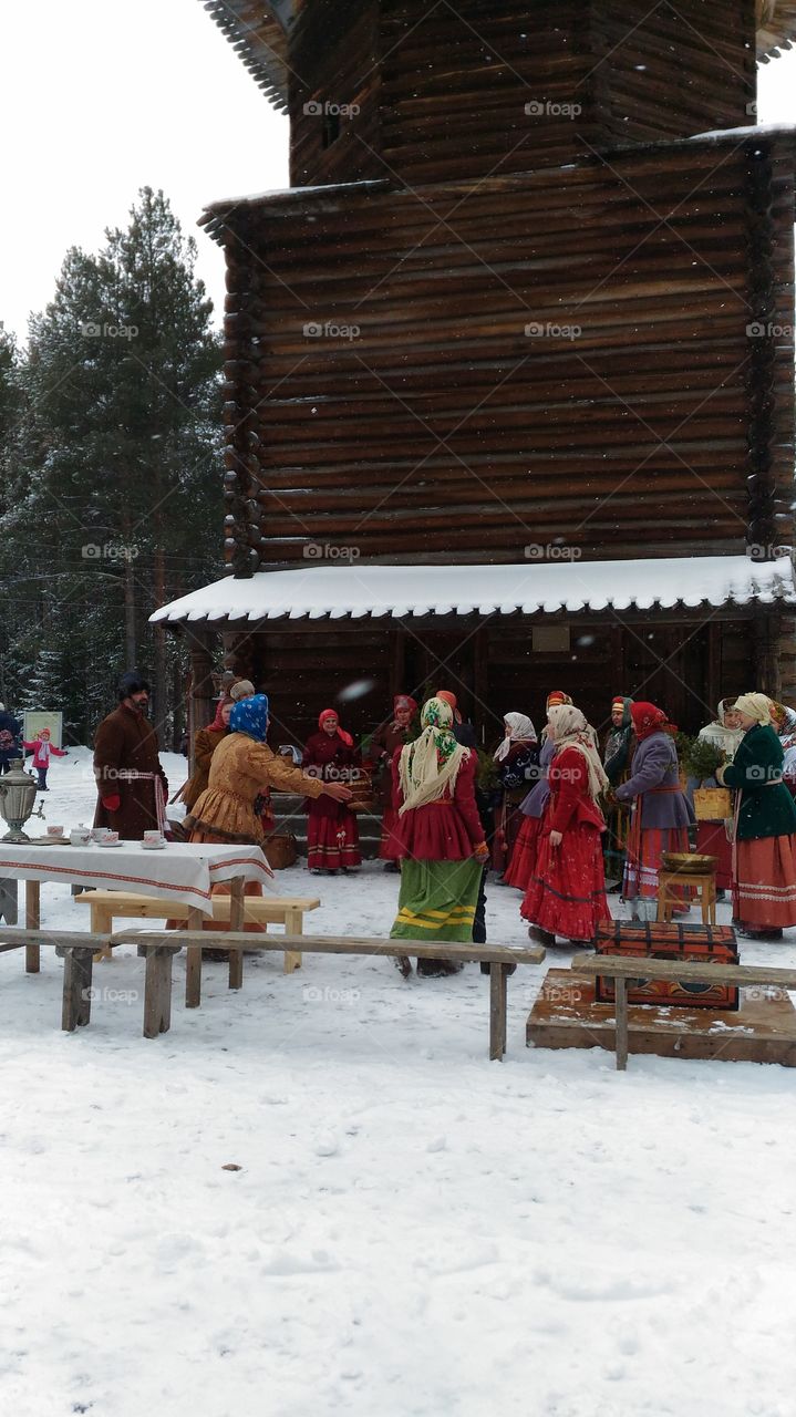 Museum of forest architecture.Arkhangelsk. Russia. Easter celebration.