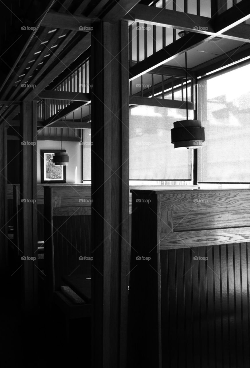 Sushi restaurant interior black and white 