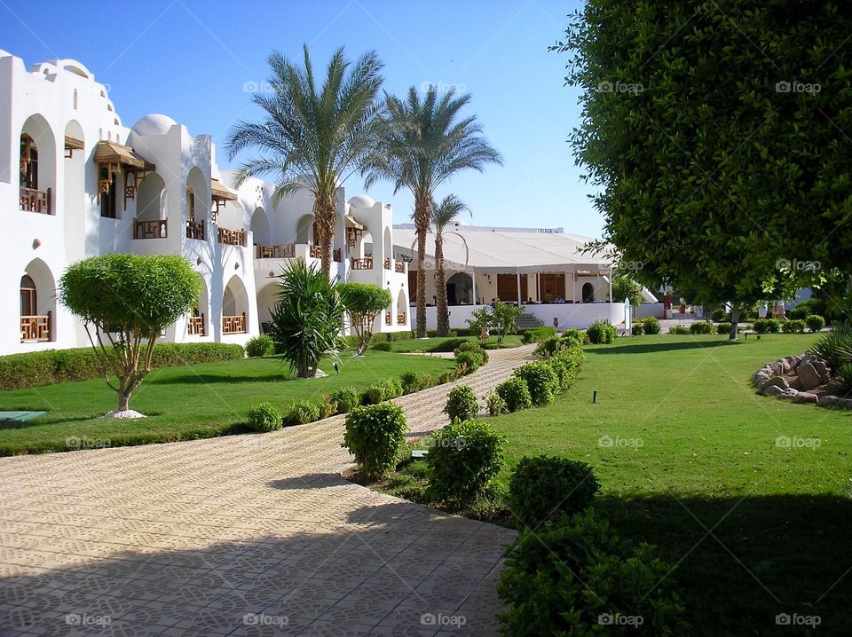 A walkway in a luxury hotel in Egypt with white buildings and lawns