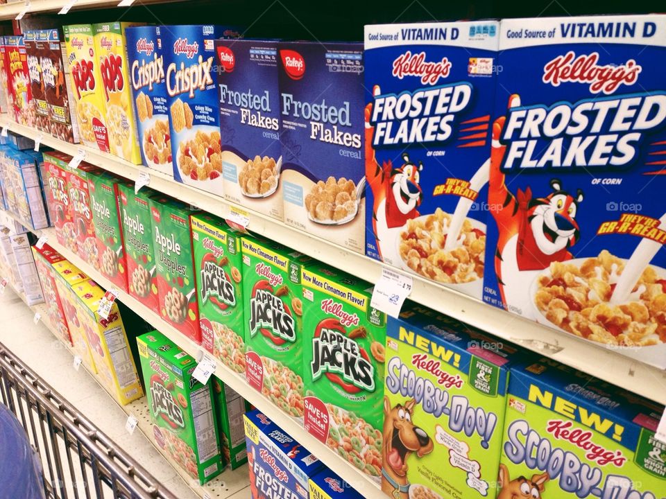 Cereal box isle in grocery store 