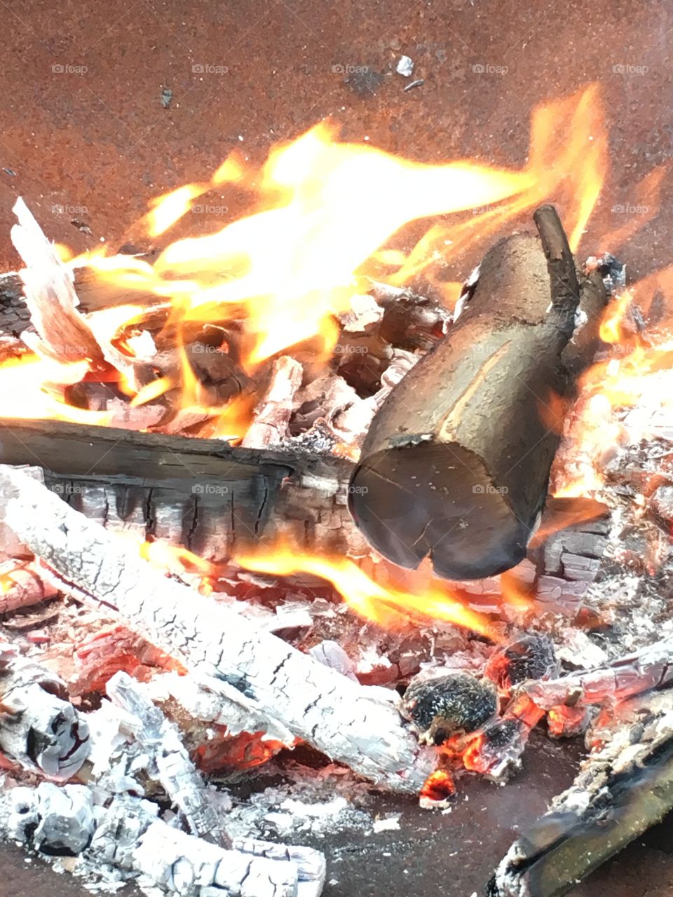 Wooden logs and sticks burning with flames in a fire pit in the garden 