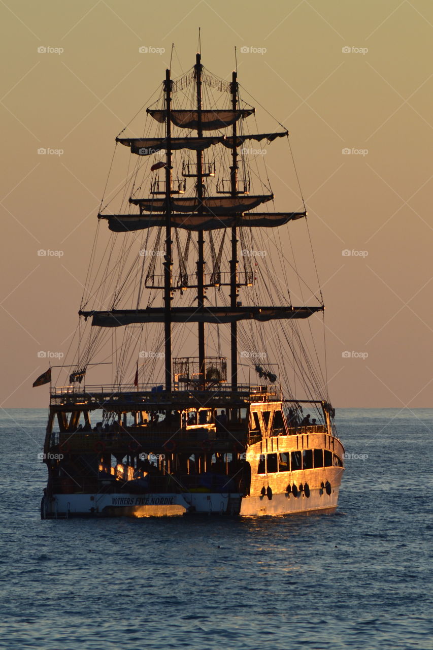 ship in the sunset in Alanya turkey