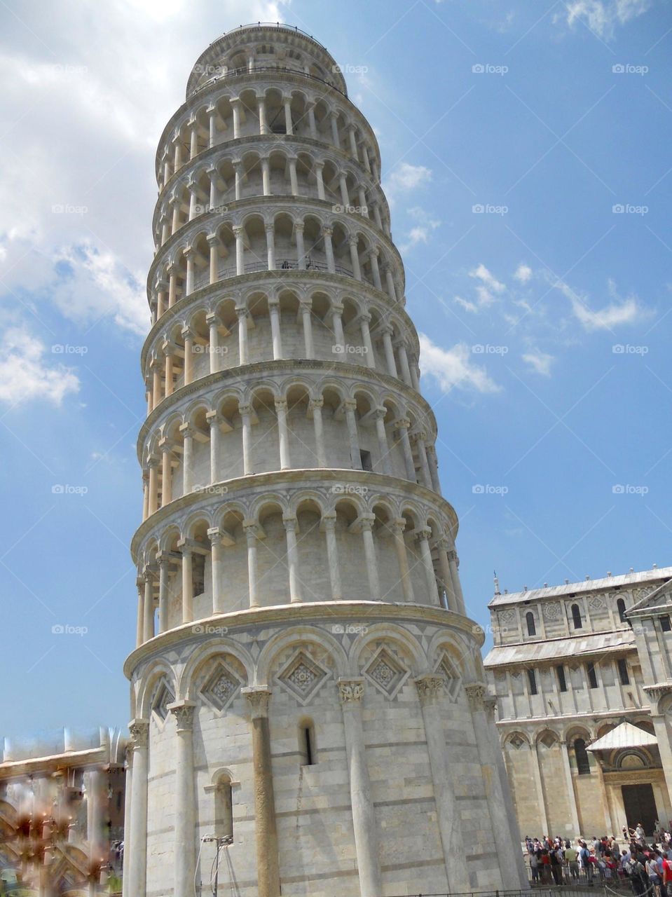 Close-up photo of the famous leaning Tower of Pisa in Italy.  