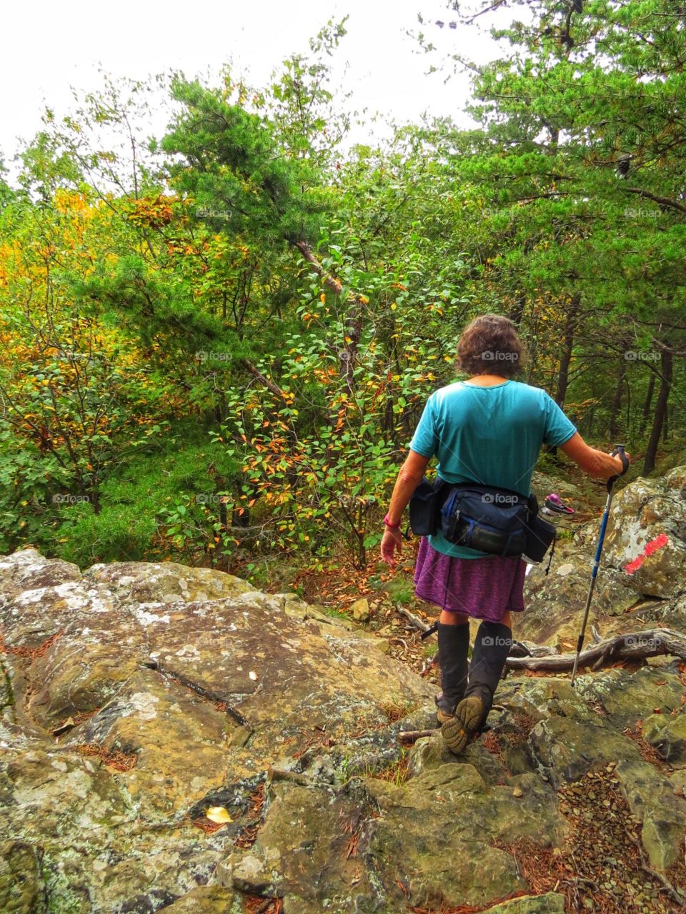 Woman hiking through the woods as Autumn approaches.