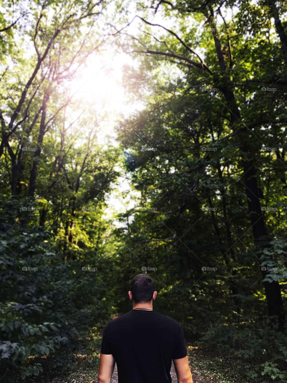 Young man standing in front of the entrance to the deep green forest against the sunlight 
