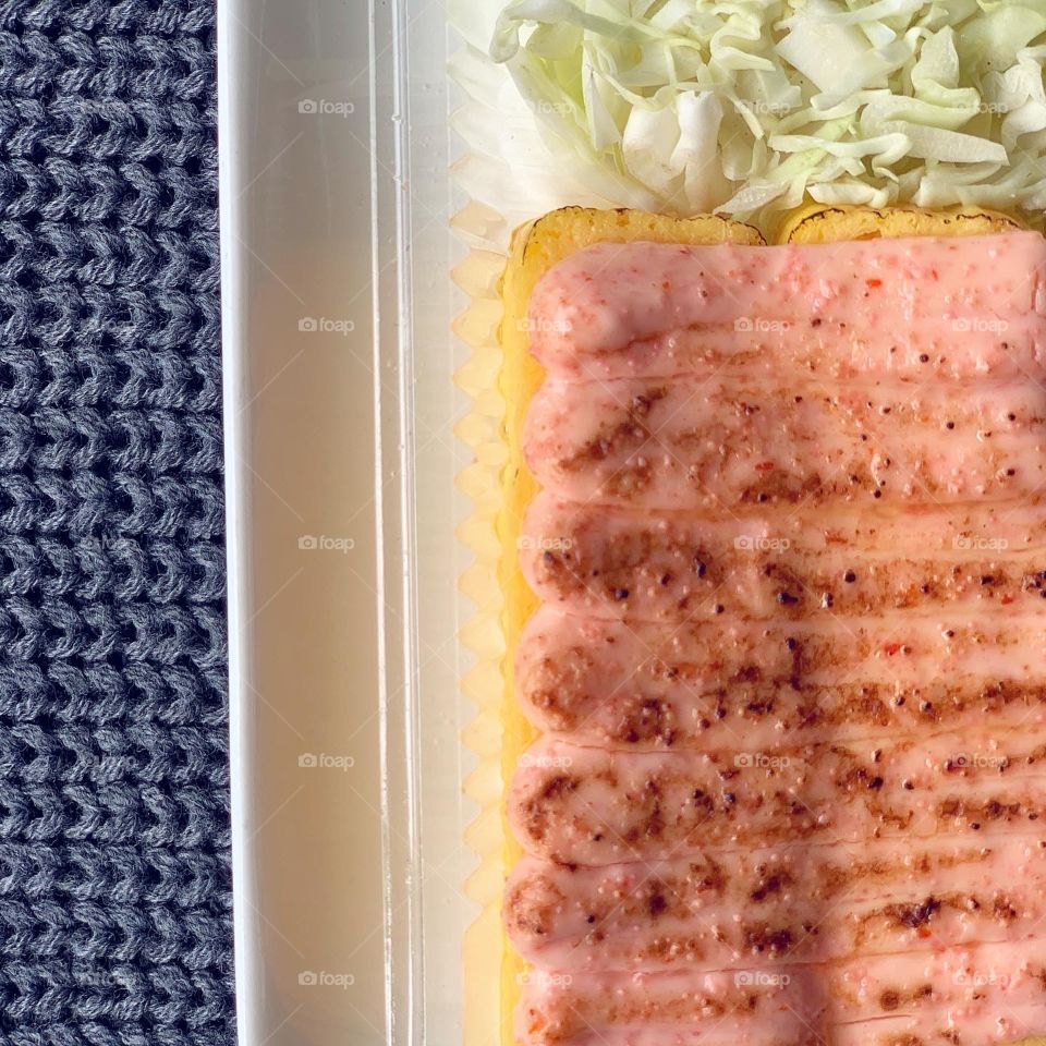 Mentaiko feast with salmon, spicy chicken, tamago and fries 