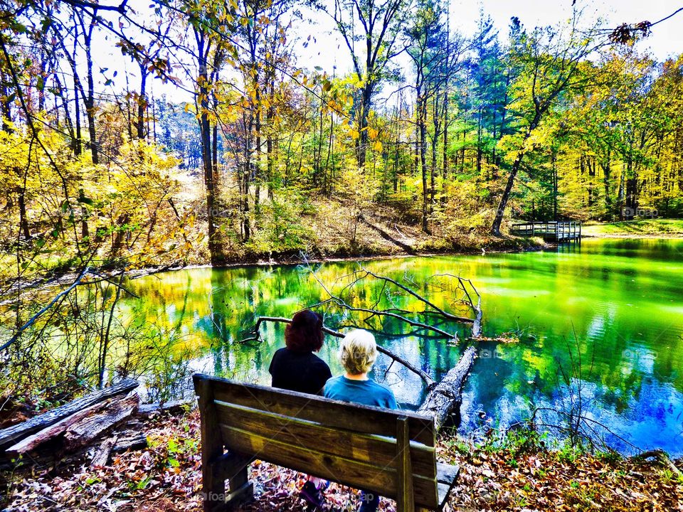 Sitting in the forest by the lake. 
