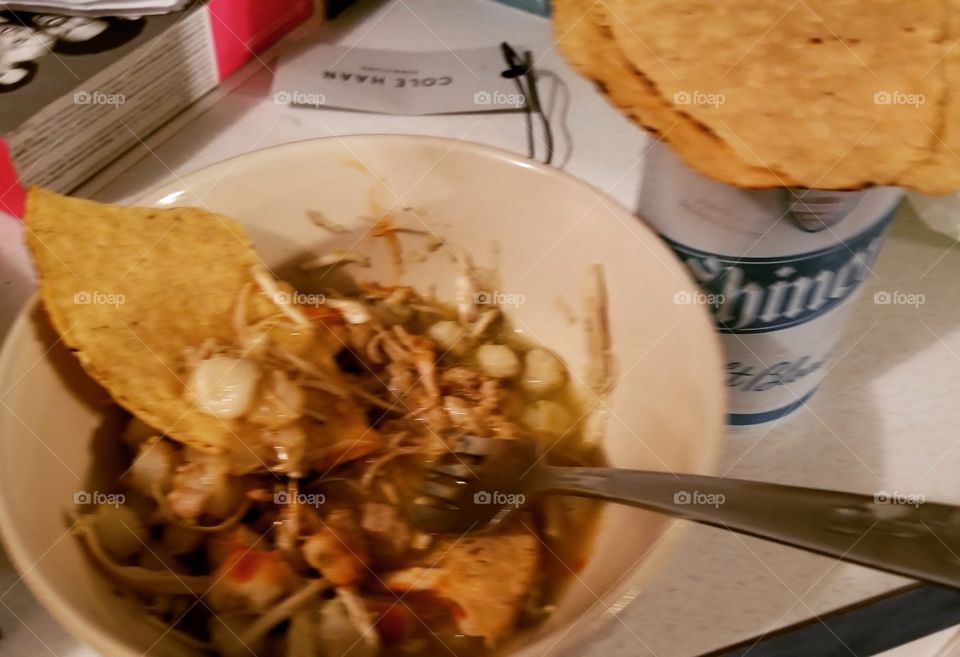 Mom's homeade pozole and Shiner Light beer.