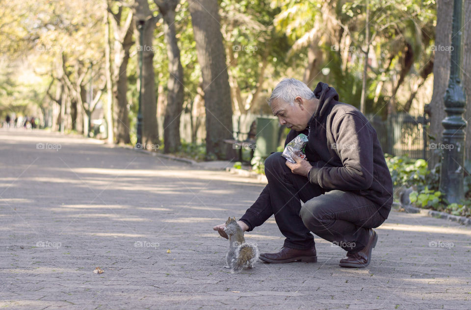 Old man feeding squirrels