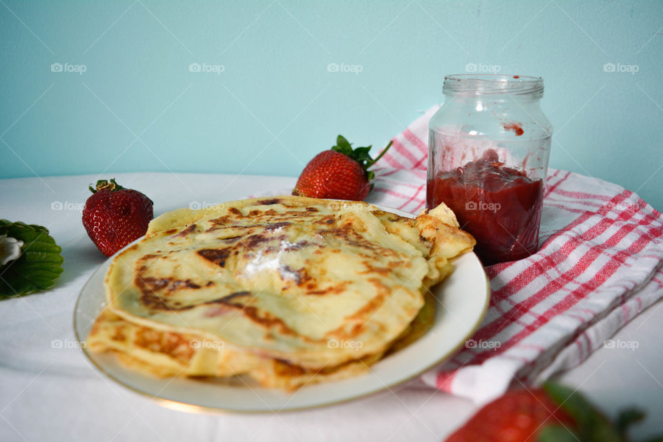 Pancakes and jam for breakfast