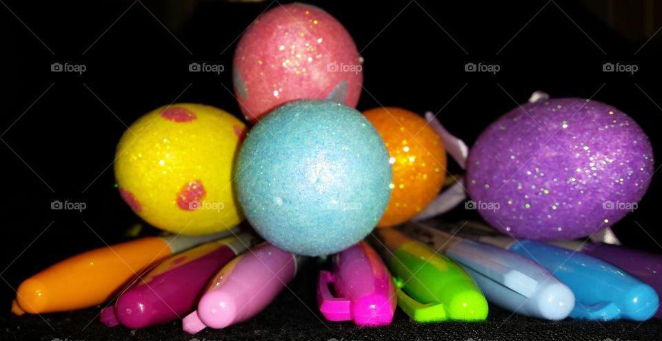 colorful pen and eggs