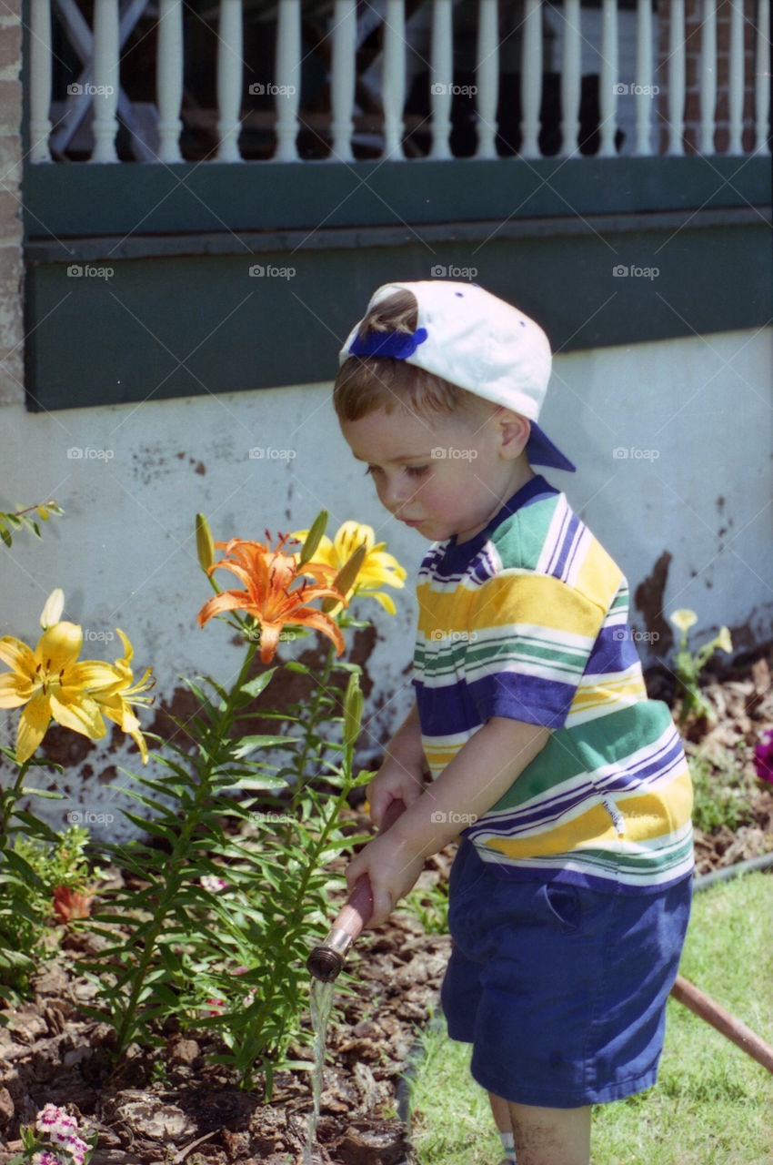 Young Boy Watering the Garden