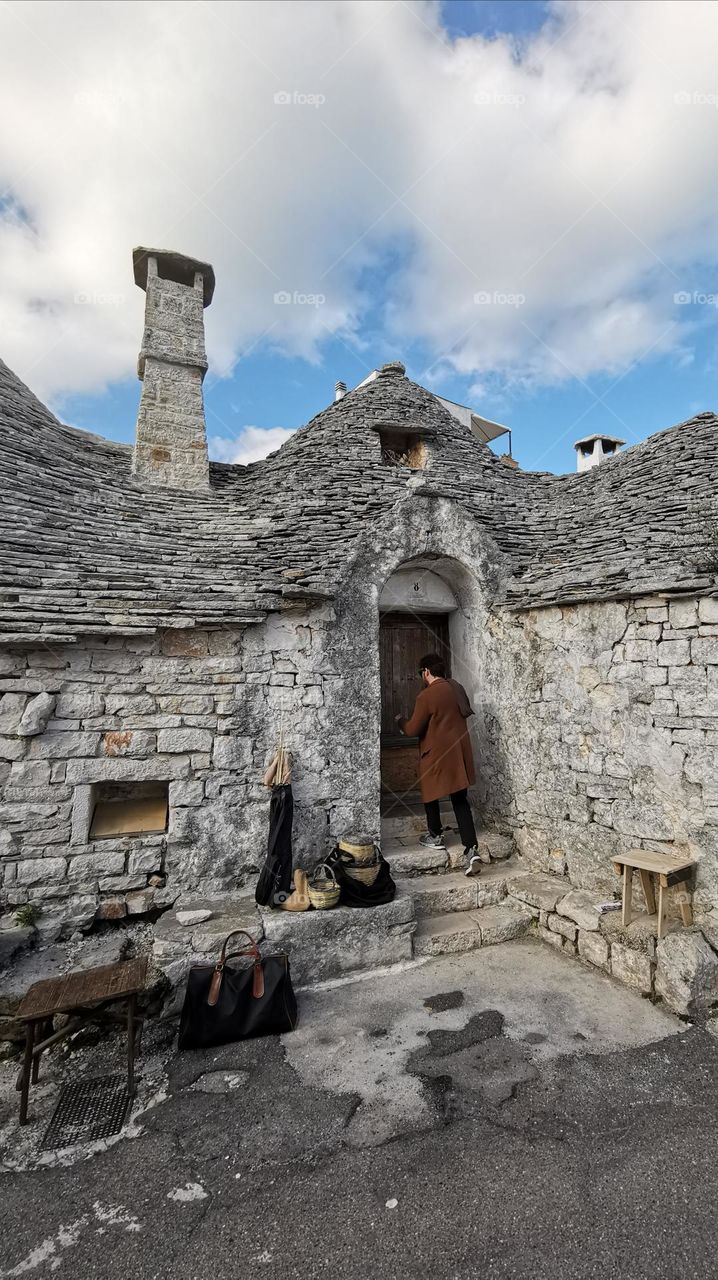 Old house, trullo building. Alberobello- is a small town and comune of the city of Bari, southern Italy. It has more than 10000 inhabitants and is famous for its unique trullo buildings.