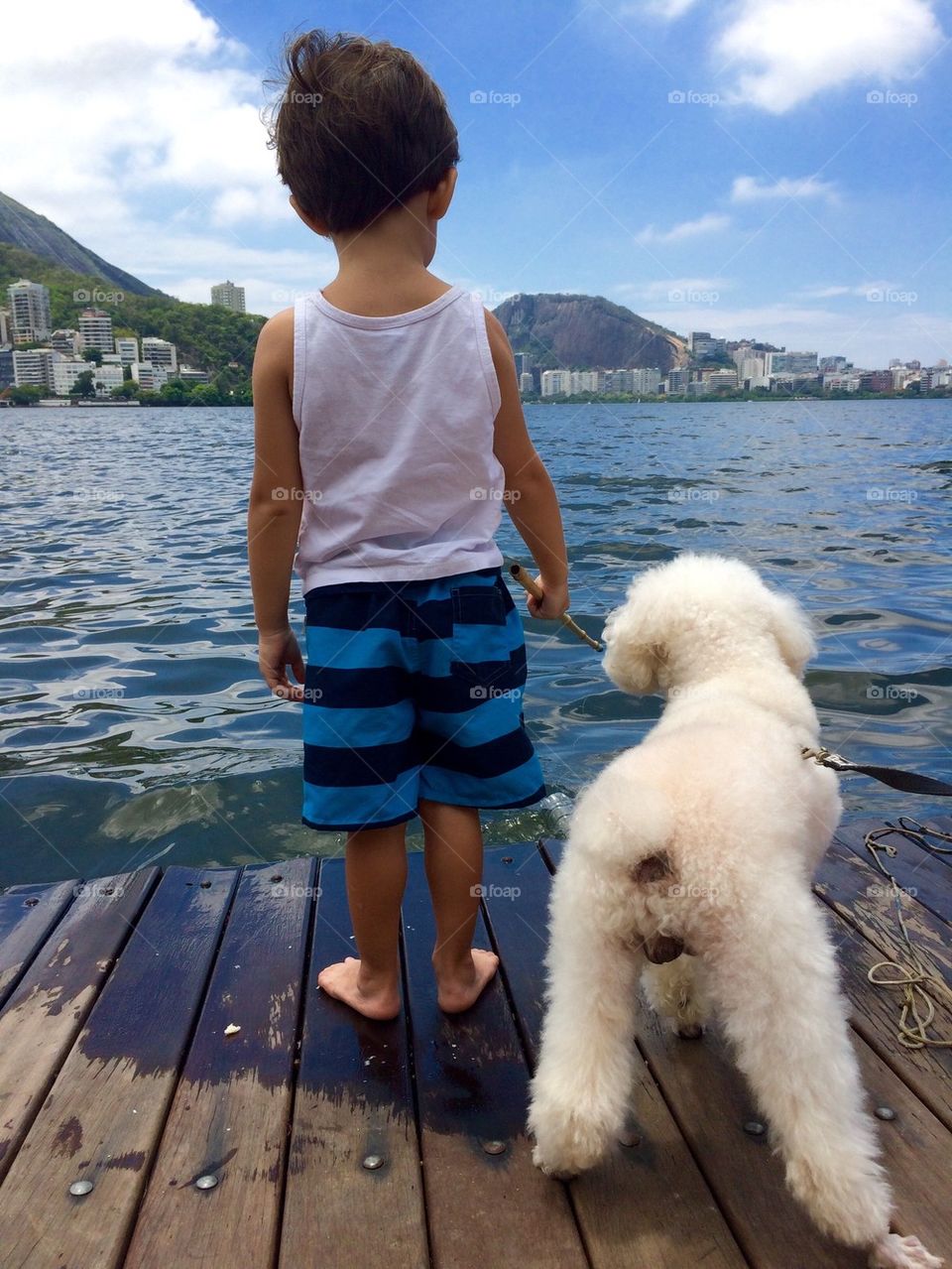 Dog and small child standing on pier