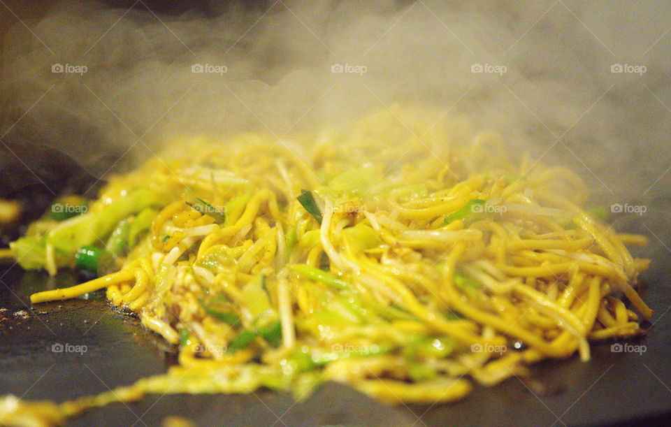 Asia china fried noodle with vegetable on the pan stem