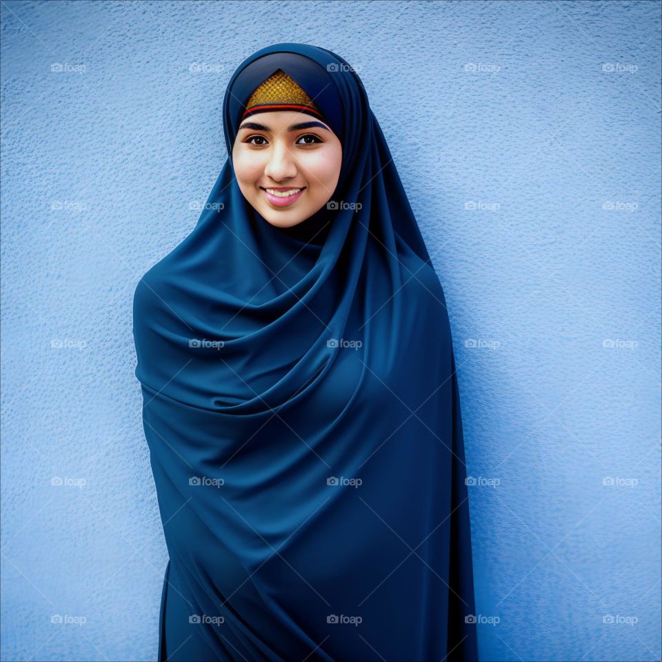 Beautiful Muslim Girl in Dark Blue Burkha with Light Blue Background