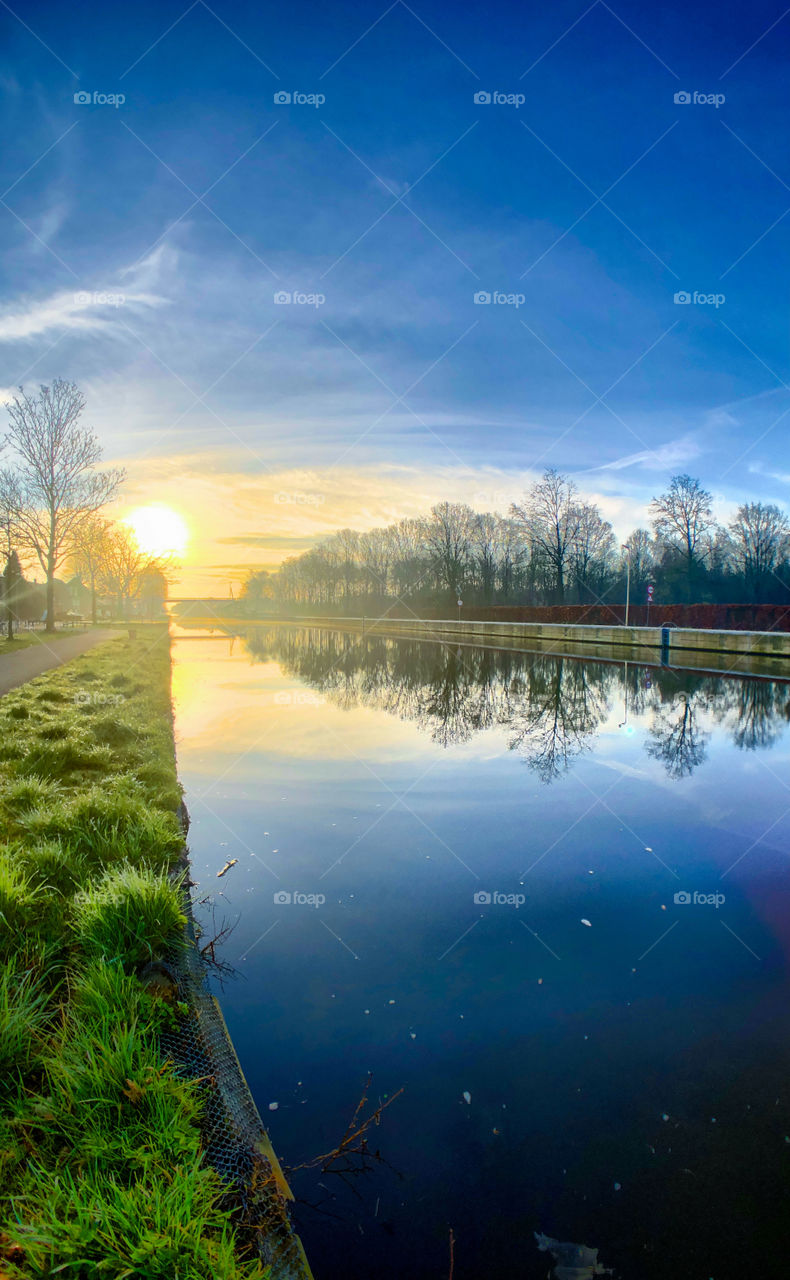 Beautiful golden sunrise in a clear deep blue sky over a forest reflected in the water of a canal or river, as seen from the grassy waterside