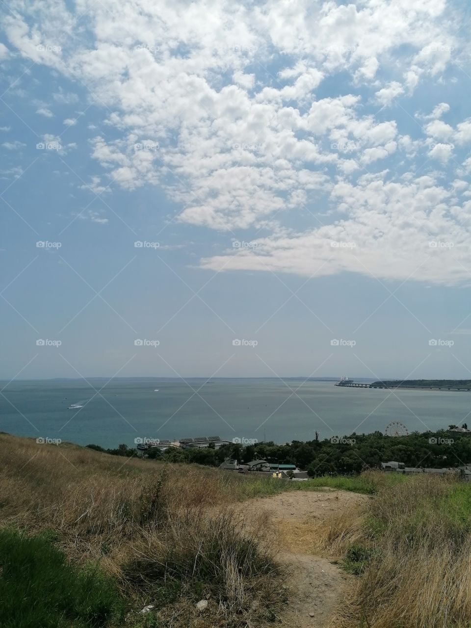 View of the Crimean bridge from the observation deck. This is a transport passage through the Kerch Strait, connecting the Kerch and Taman peninsulas. The bridge is the longest bridge ever built by Russia and is often called the longest in Europe.