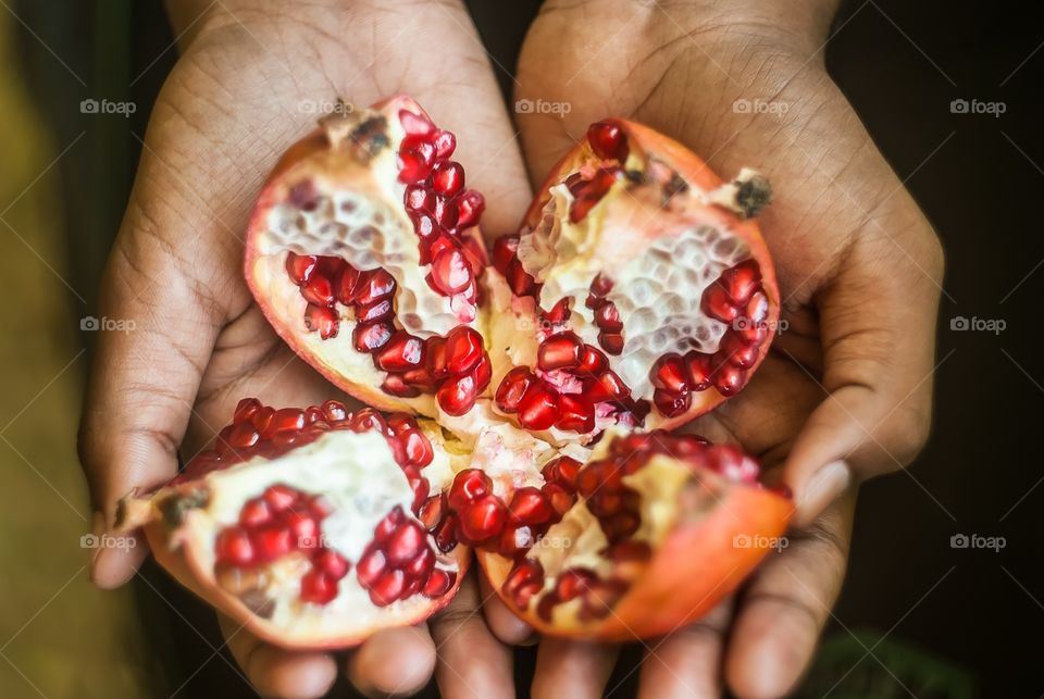 Directly above view of pomegranate on hand