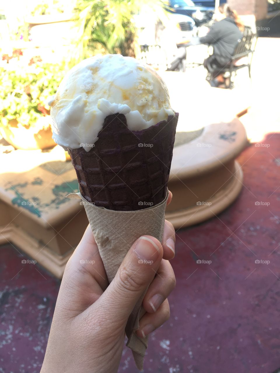 Sticky mango ice cream with sweet purple yam cone! So unique and tasty!