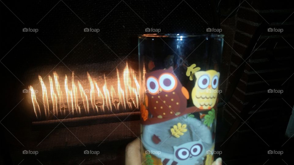 Drinking apple cider from a cute owl cup in front of a fireplace.