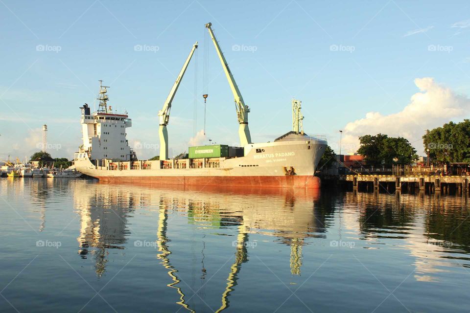 Cargo ship unloads its container