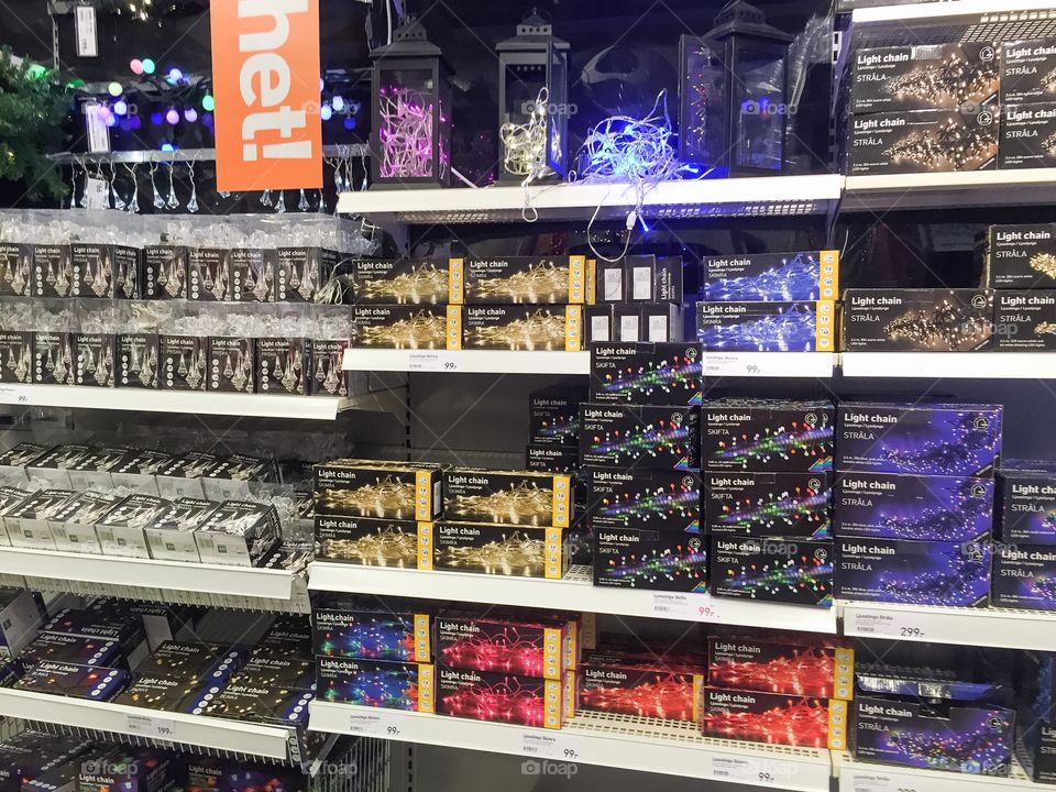 Christmas tree decorations, lights and ornaments in a local store.