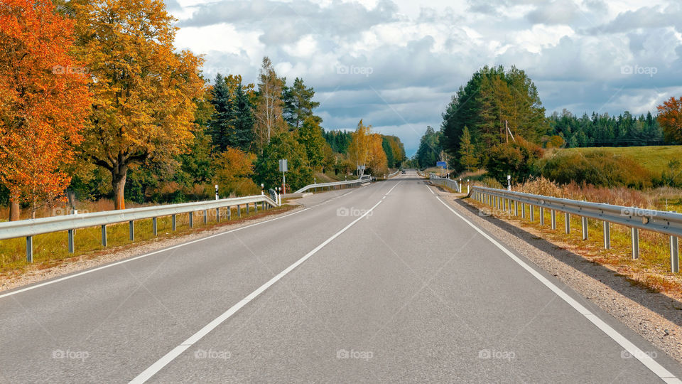 Autumn landscape with asphalt road and forest.