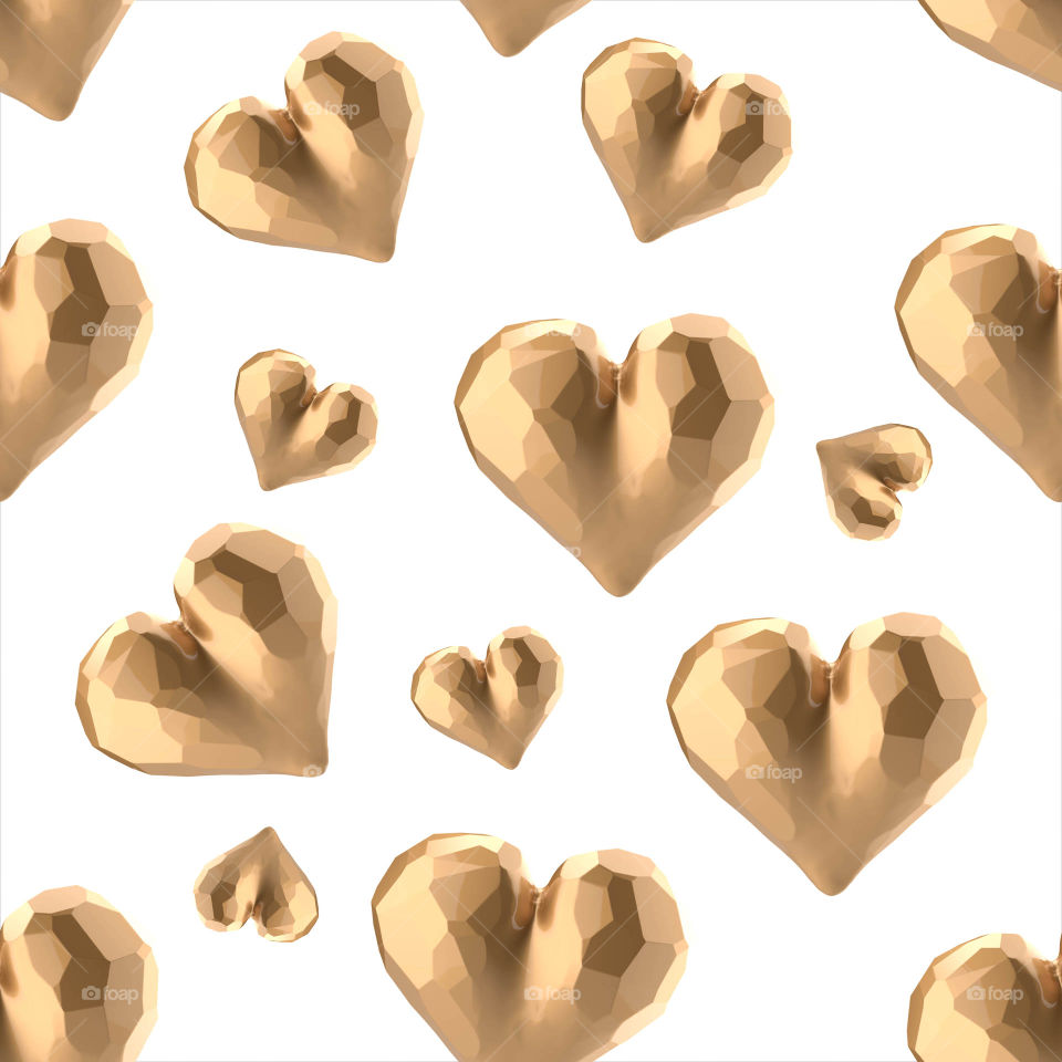 glossy gold angular chopped hearts with reflections isolated on bright background. Happy womans day 3d illustration seamless design pattern