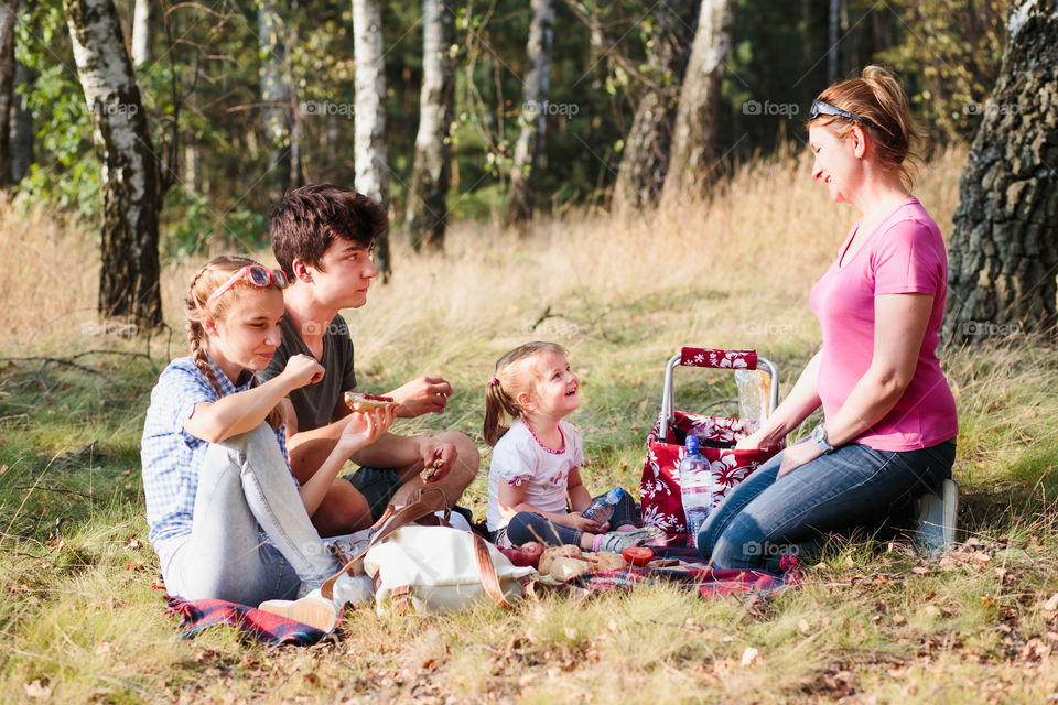 Family spending vacation time together having a snacks on a picnic sitting on blanket on grass in forest on sunny day in the summertime