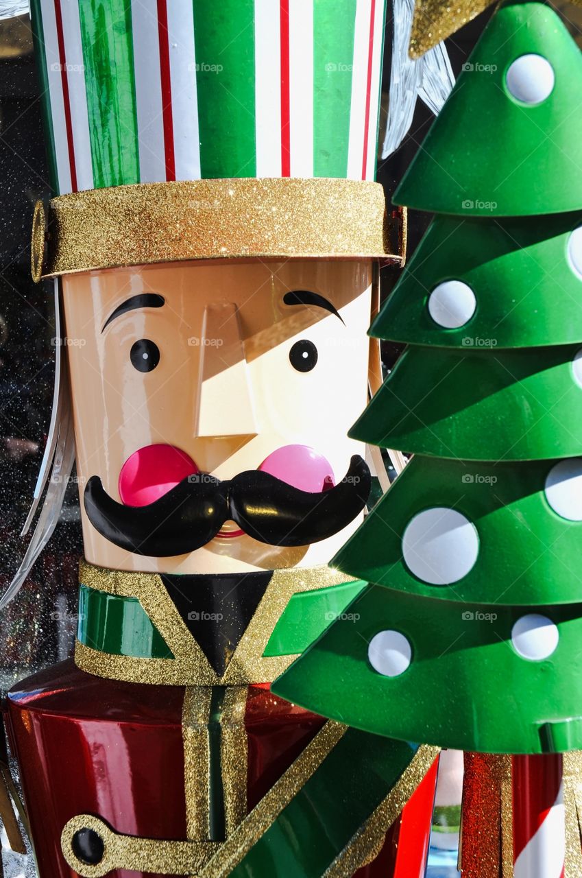 A life-size nutcracker decoration for Christmas in downtown Charleston South Carolina.