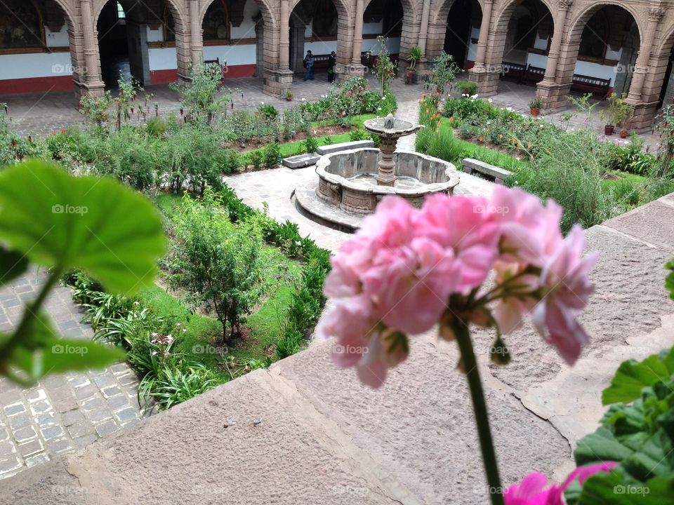 Fountain in Focus. Flowers and a fountain found in a courtyard somewhere in Cusco, Peru