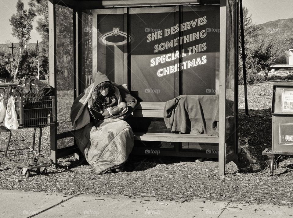 Homeless At Christmas. Modern Nativity Scene
