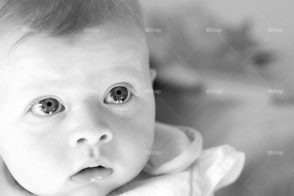 Babies Eyes. A close up shot of a baby's eyes in black and white.