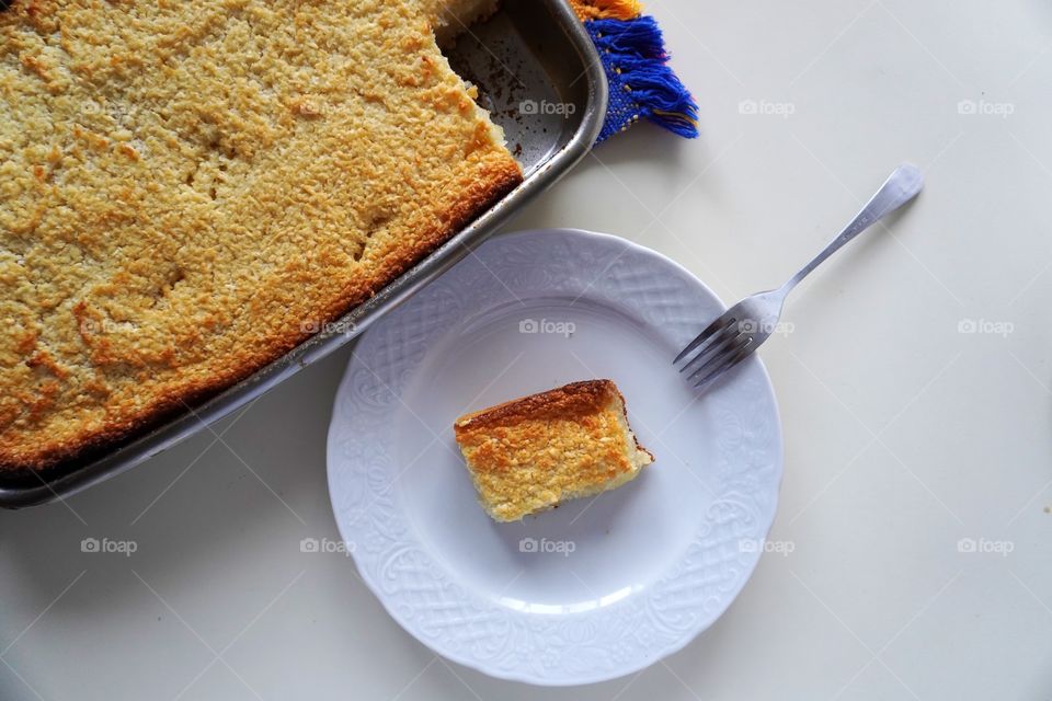 Cassava cake, a traditional recipe from northeastern Brazil. Manihot esculenta, commonly called cassava is a woody shrub native to South America