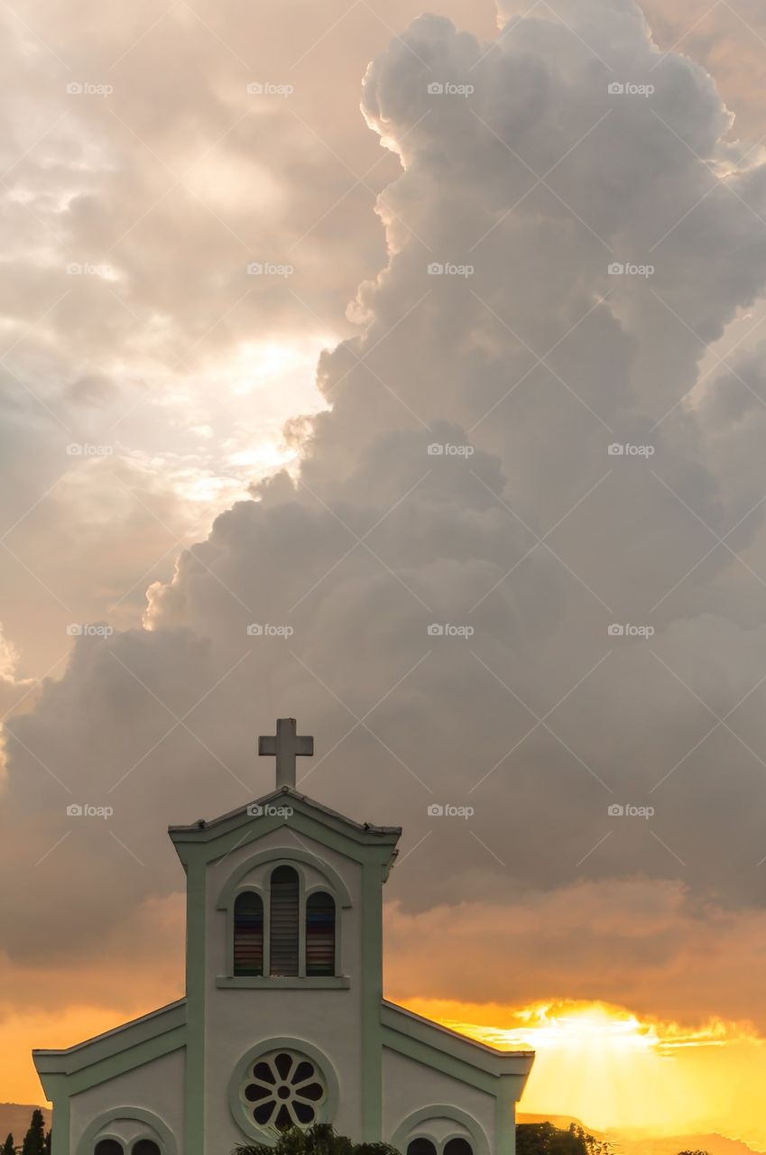 Classical Church with sunset