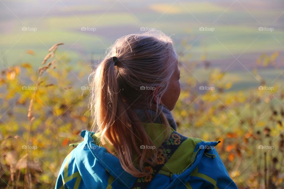 Rear view of a woman with reddish ponytail and blue jacket in front of vineyards in autumn